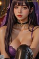 A woman in a purple outfit sitting on a chair.