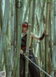 A woman in a black dress holding a sword in a bamboo forest.