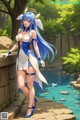 A woman in a blue and white outfit standing next to a river.