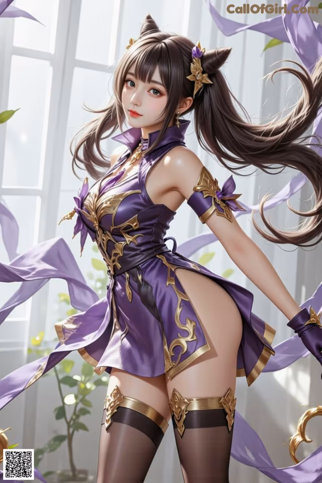 A woman in a purple and gold outfit is posing for a picture.