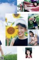 A collage of photos of a woman with a sunflower in her hand.