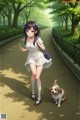 A girl walking down a path with a dog.